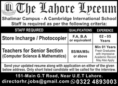 The Lahore Lyceum Jobs 2026 – Store Incharge, Photocopier & Senior Section Teachers Required