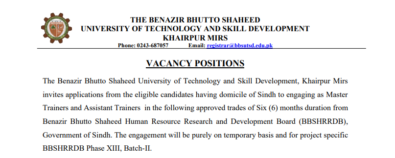 Benazir Bhutto Shaheed University of Technology Khairpur Jobs 2026