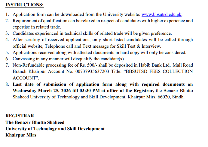 Benazir Bhutto Shaheed University of Technology Khairpur Jobs 2026