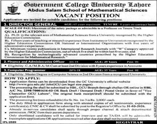 Government College University Lahore Jobs Advertisement