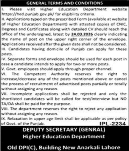 Higher Education Department Punjab Jobs 2026