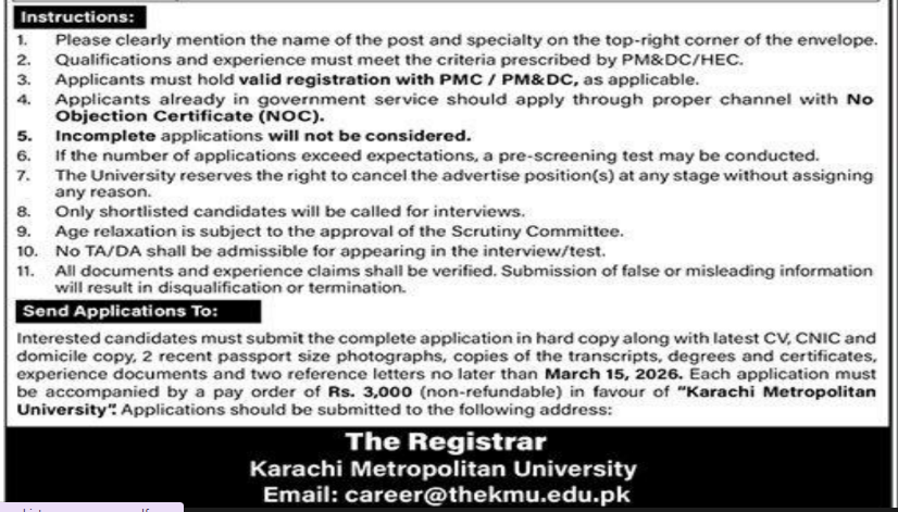 Karachi Metropolitan University Jobs 2026