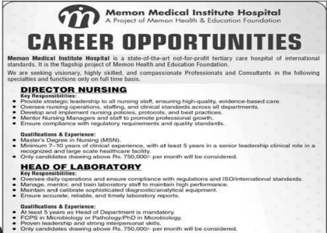 Latest Jobs in Pakistan at Memon Medical Institute Hospital Karachi 2026